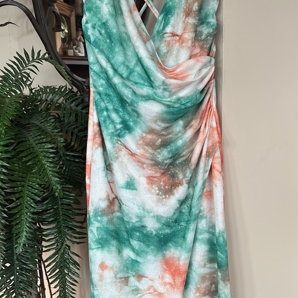 Lulus Lover’s Paradise Metallic Tie Dye Maxi Dress Teal Orange Crisscross Back - Picture 7 of 16